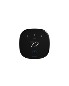 A black thermostat with rounded edges with the temperature set to 72 degrees. There is a smaller 72 in blue showing the device is cooling the home.