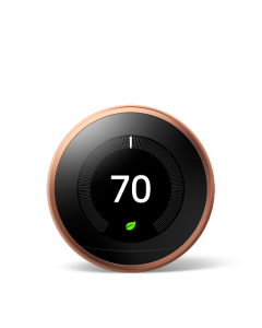 A photo showing a circular smart thermostat set to a temperature of 70. The outside of the circle has a metallic casing. 