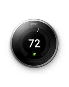 A photo showing a circular smart thermostat set to a temperature of 72. The outside of the circle has a metallic casing. 